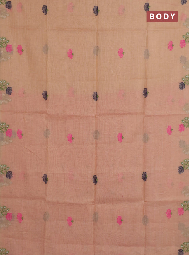 Munga cotton tissue saree peach shade and magenta pink with thread woven floral buttas and floral design weaving pallu