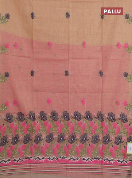 Munga cotton tissue saree peach shade and magenta pink with thread woven floral buttas and floral design weaving pallu