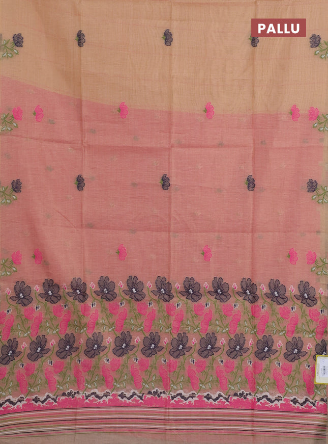Munga cotton tissue saree peach shade and magenta pink with thread woven floral buttas and floral design weaving pallu