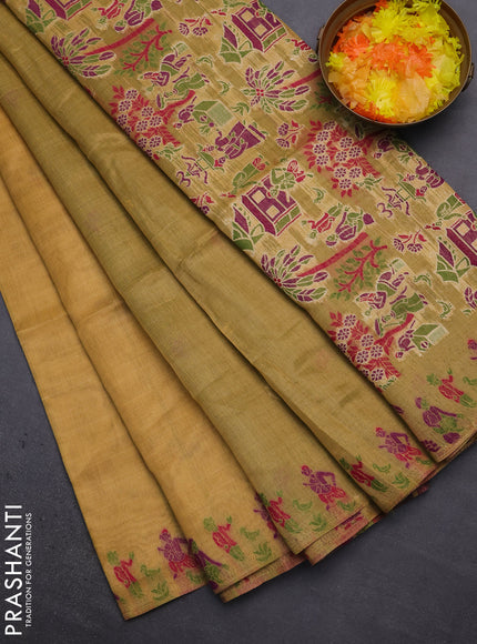 Munga cotton tissue saree mustard yellow and green with thread woven floral buttas and weaving pallu