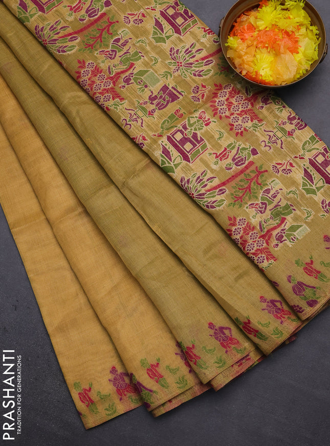 Munga cotton tissue saree mustard yellow and green with thread woven floral buttas and weaving pallu