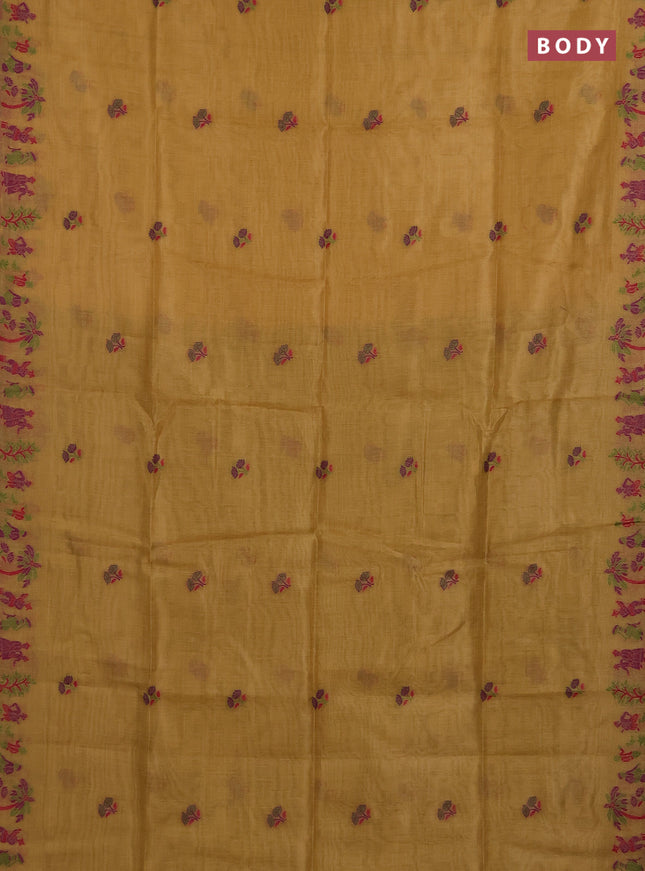 Munga cotton tissue saree mustard yellow and green with thread woven floral buttas and weaving pallu