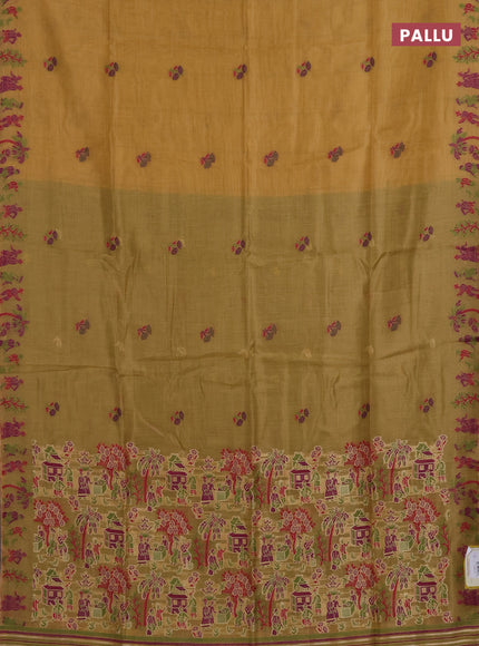 Munga cotton tissue saree mustard yellow and green with thread woven floral buttas and weaving pallu