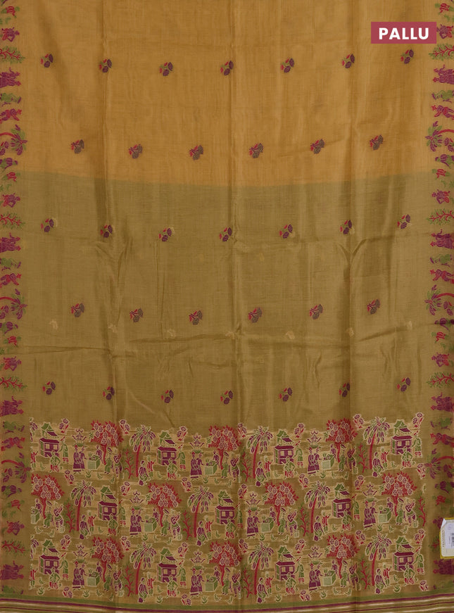 Munga cotton tissue saree mustard yellow and green with thread woven floral buttas and weaving pallu