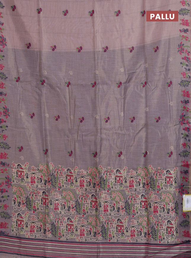 Munga cotton tissue saree pastel lavender and navy blue with thread woven floral buttas and weaving pallu