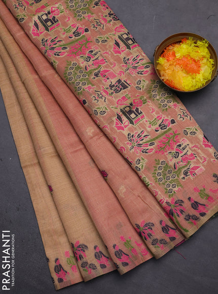 Munga cotton tissue saree sandal and pink with thread woven floral buttas and weaving pallu