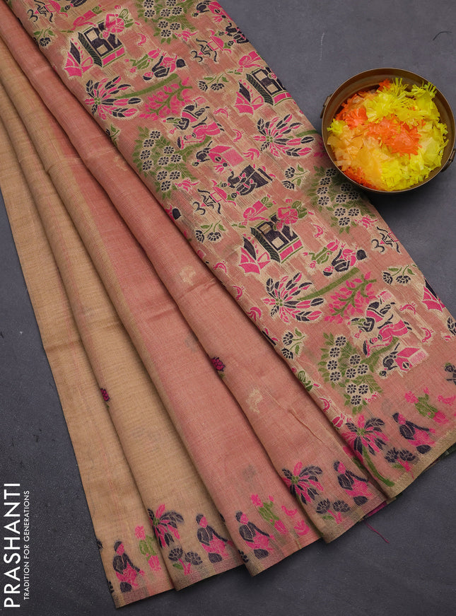 Munga cotton tissue saree sandal and pink with thread woven floral buttas and weaving pallu