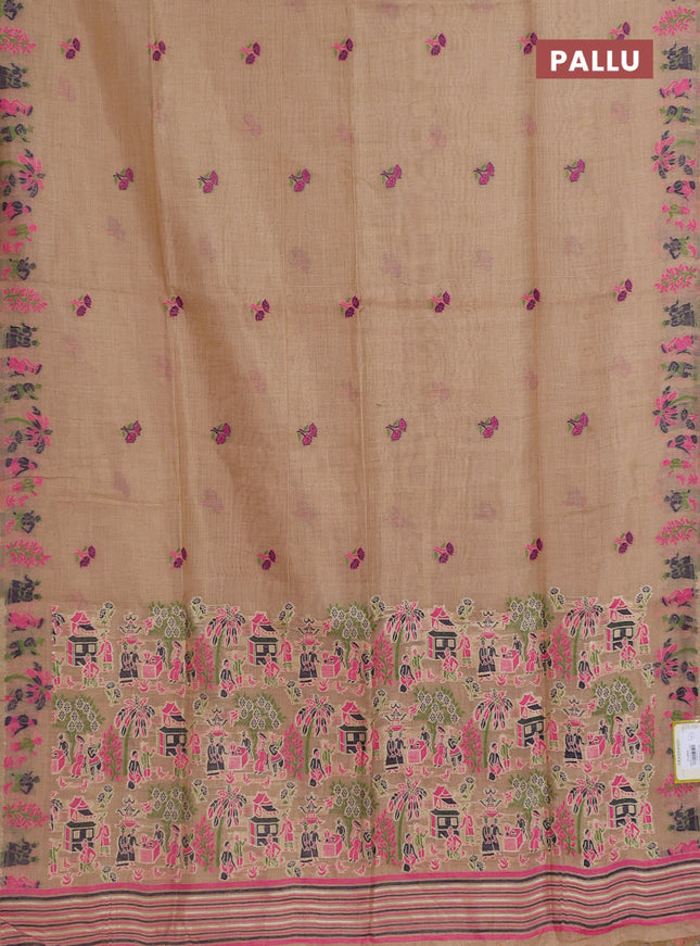 Munga cotton tissue saree sandal and pink with thread woven floral buttas and weaving pallu