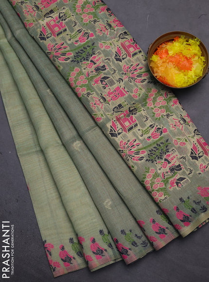 Munga cotton tissue saree teal green and navy blue with thread woven floral buttas and weaving pallu