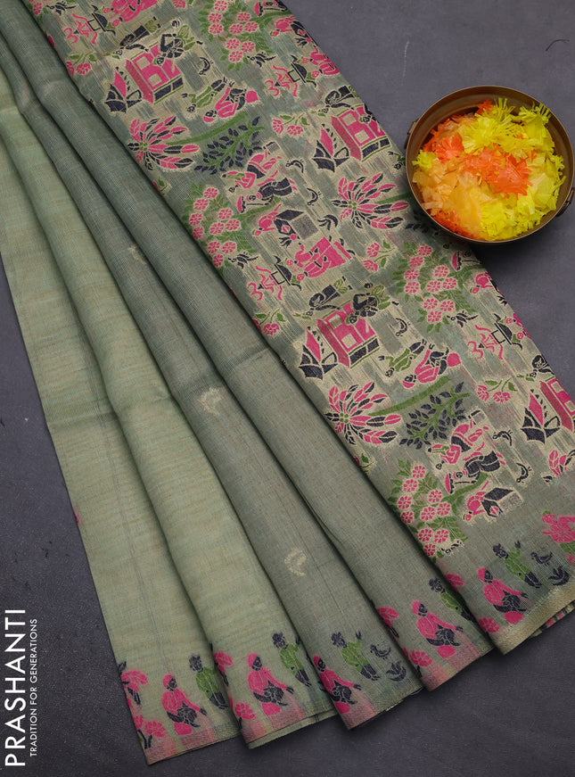 Munga cotton tissue saree teal green and navy blue with thread woven floral buttas and weaving pallu