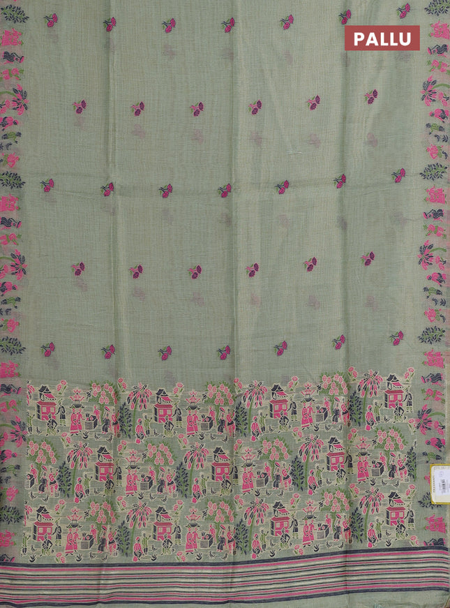 Munga cotton tissue saree teal green and navy blue with thread woven floral buttas and weaving pallu