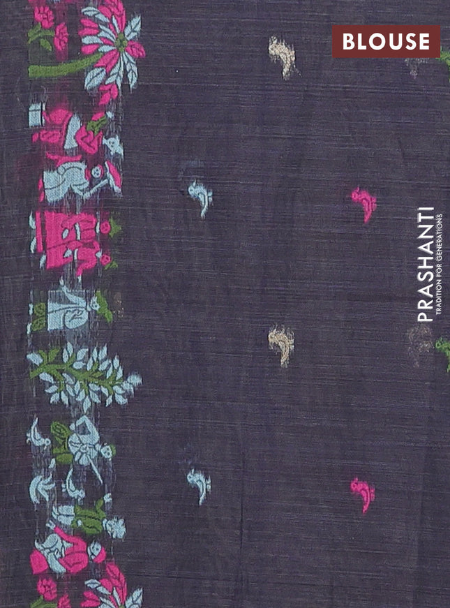 Munga cotton tissue saree teal green and navy blue with thread woven floral buttas and weaving pallu