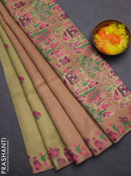 Munga cotton tissue saree mild pista green and pink with thread woven floral buttas and weaving pallu
