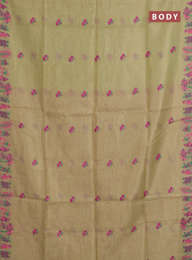 Munga cotton tissue saree mild pista green and pink with thread woven floral buttas and weaving pallu