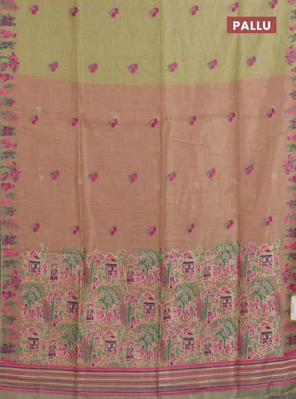 Munga cotton tissue saree mild pista green and pink with thread woven floral buttas and weaving pallu