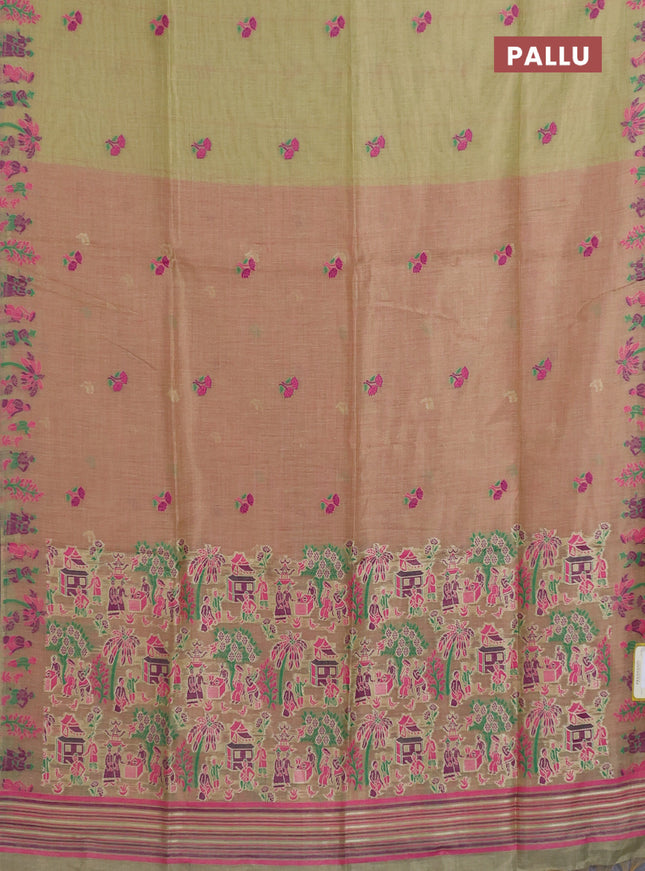 Munga cotton tissue saree mild pista green and pink with thread woven floral buttas and weaving pallu