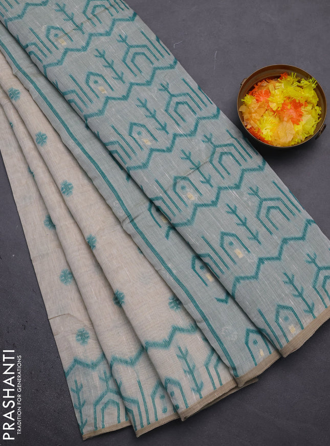 Munga cotton saree beige and teal green with thread woven buttas and weaving pallu