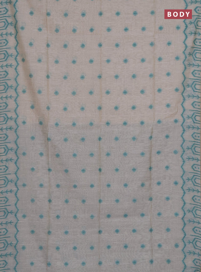 Munga cotton saree beige and teal green with thread woven buttas and weaving pallu