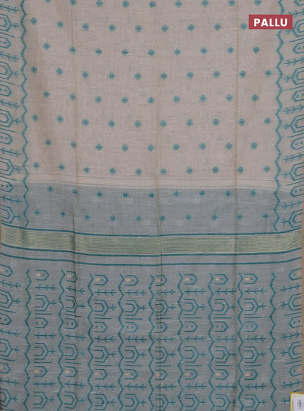 Munga cotton saree beige and teal green with thread woven buttas and weaving pallu