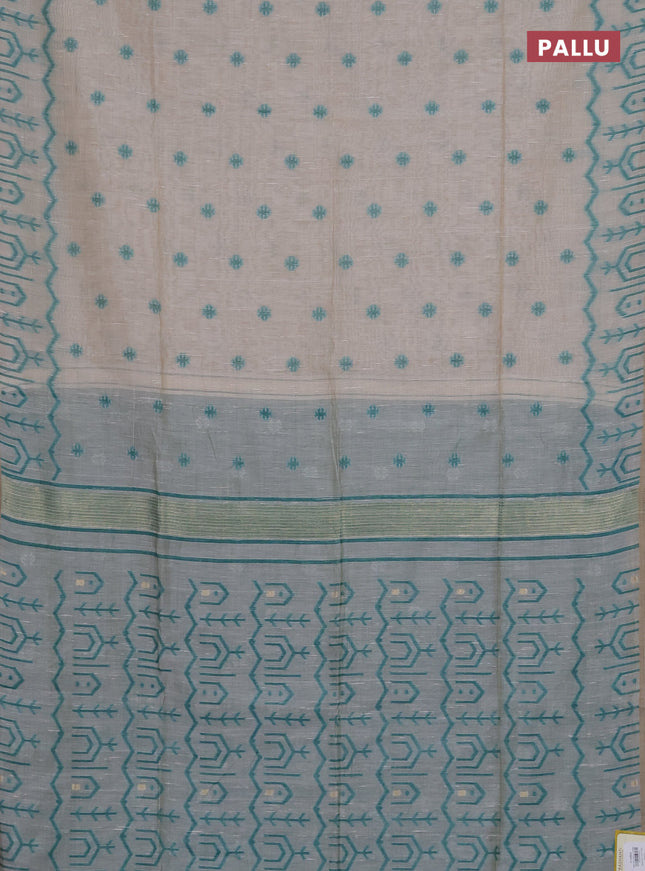 Munga cotton saree beige and teal green with thread woven buttas and weaving pallu