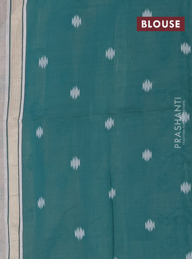 Munga cotton saree beige and teal green with thread woven buttas and weaving pallu