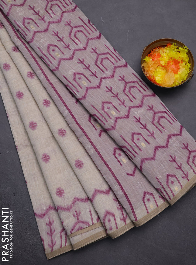 Munga cotton saree beige and purple with thread woven buttas and weaving pallu