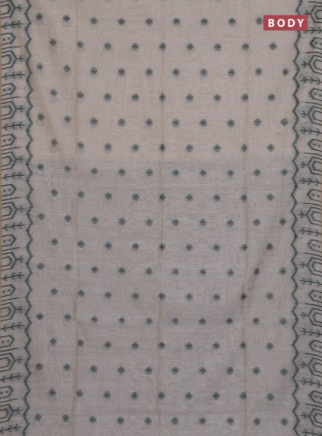 Munga cotton saree beige and bottle green with thread woven buttas and weaving pallu