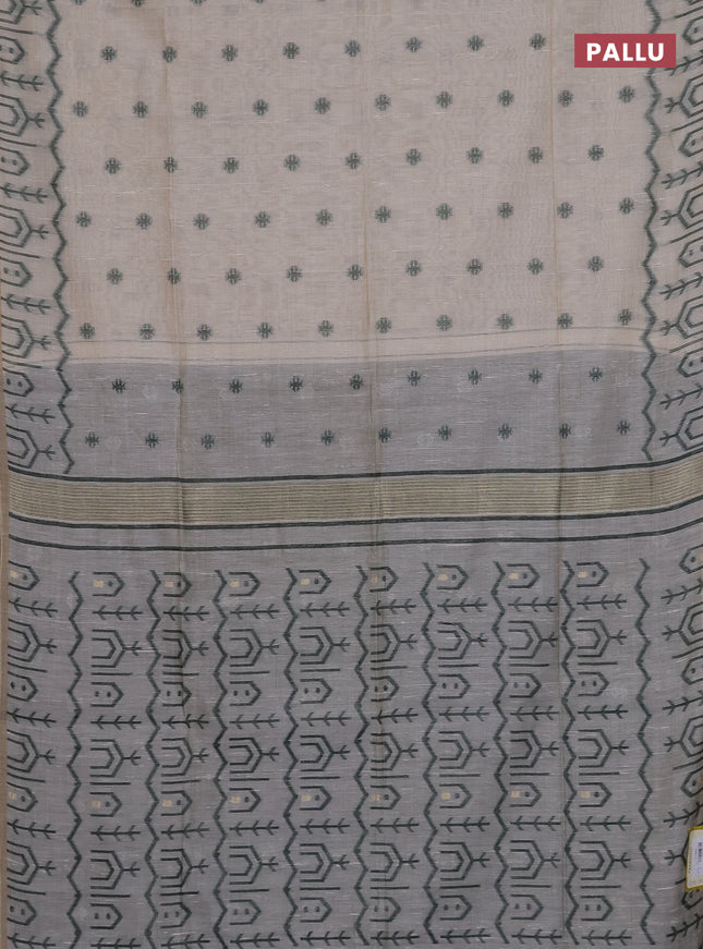 Munga cotton saree beige and bottle green with thread woven buttas and weaving pallu