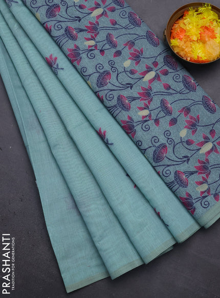 Munga cotton saree pastel blue and navy blue with thread woven floral buttas and pichwai weaving pallu