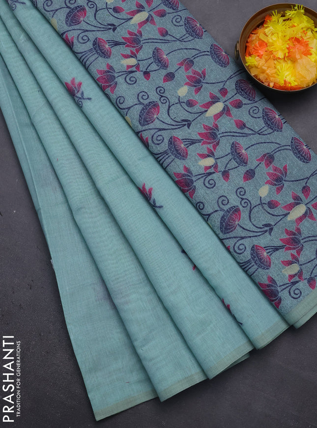 Munga cotton saree pastel blue and navy blue with thread woven floral buttas and pichwai weaving pallu
