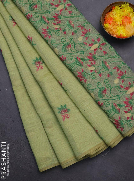 Munga cotton saree pista green and green with thread woven floral buttas and pichwai weaving pallu