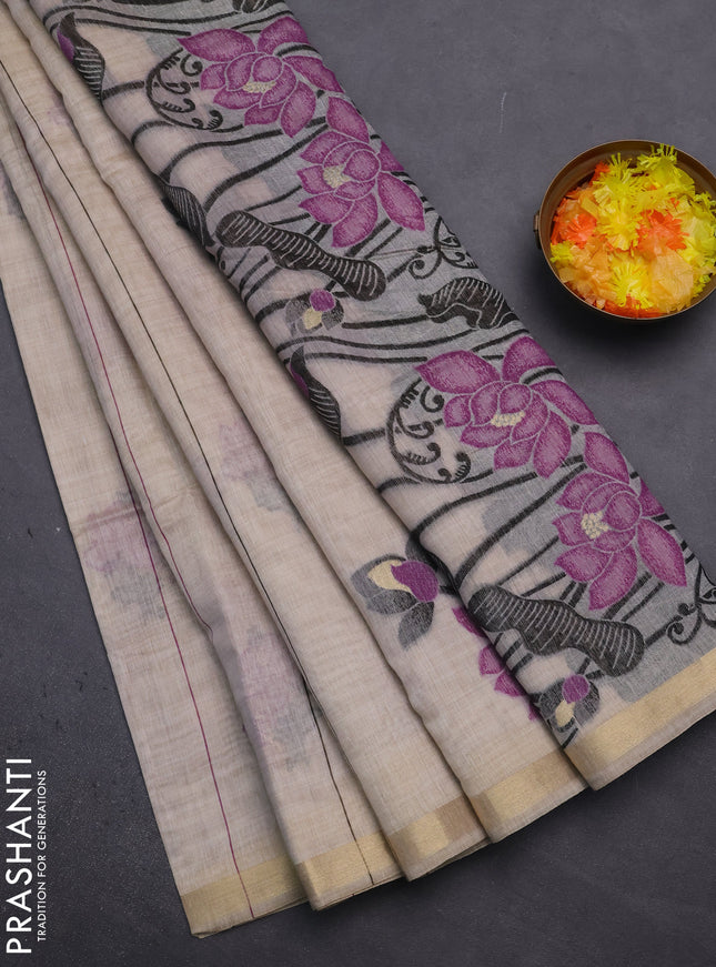 Munga cotton saree beige and purple with thread woven floral buttas and floral design weaving pallu