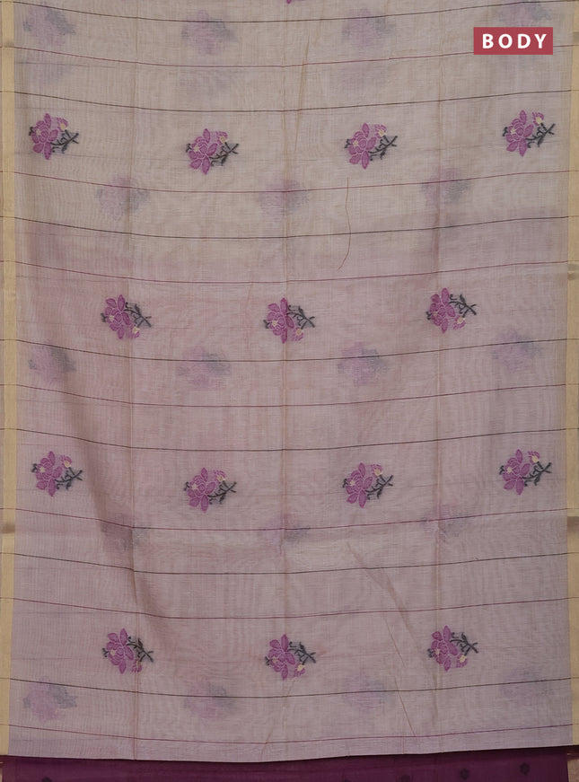 Munga cotton saree beige and purple with thread woven floral buttas and floral design weaving pallu