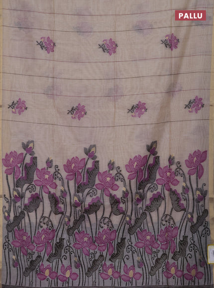 Munga cotton saree beige and purple with thread woven floral buttas and floral design weaving pallu