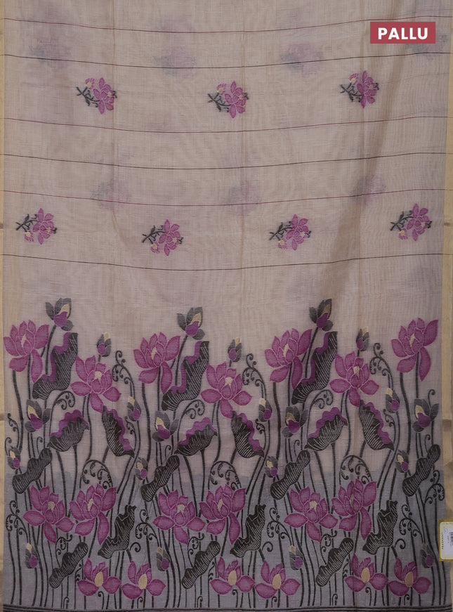 Munga cotton saree beige and purple with thread woven floral buttas and floral design weaving pallu
