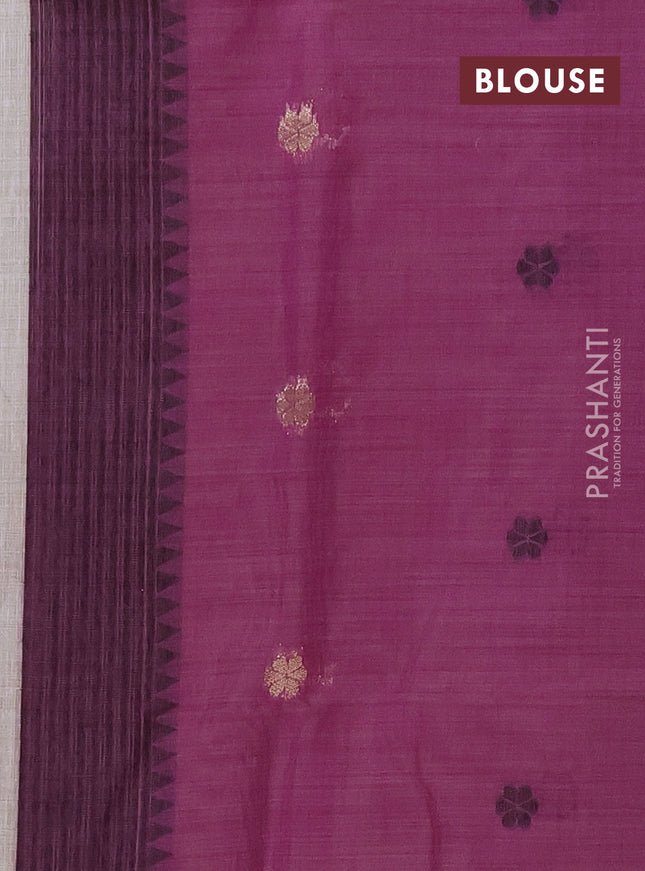 Munga cotton saree beige and purple with thread woven floral buttas and floral design weaving pallu