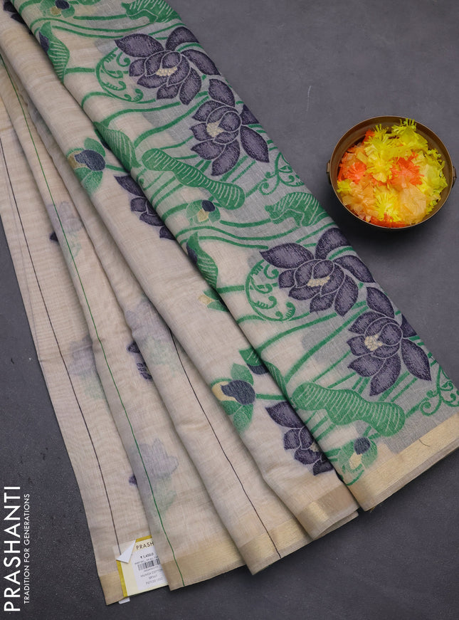 Munga cotton saree beige and navy blue with thread woven floral buttas and floral design weaving pallu