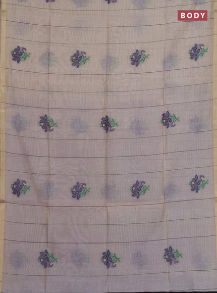 Munga cotton saree beige and navy blue with thread woven floral buttas and floral design weaving pallu