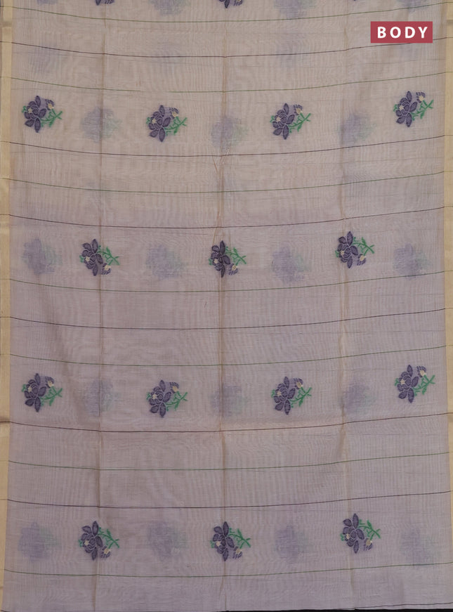 Munga cotton saree beige and navy blue with thread woven floral buttas and floral design weaving pallu