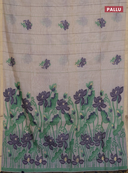 Munga cotton saree beige and navy blue with thread woven floral buttas and floral design weaving pallu