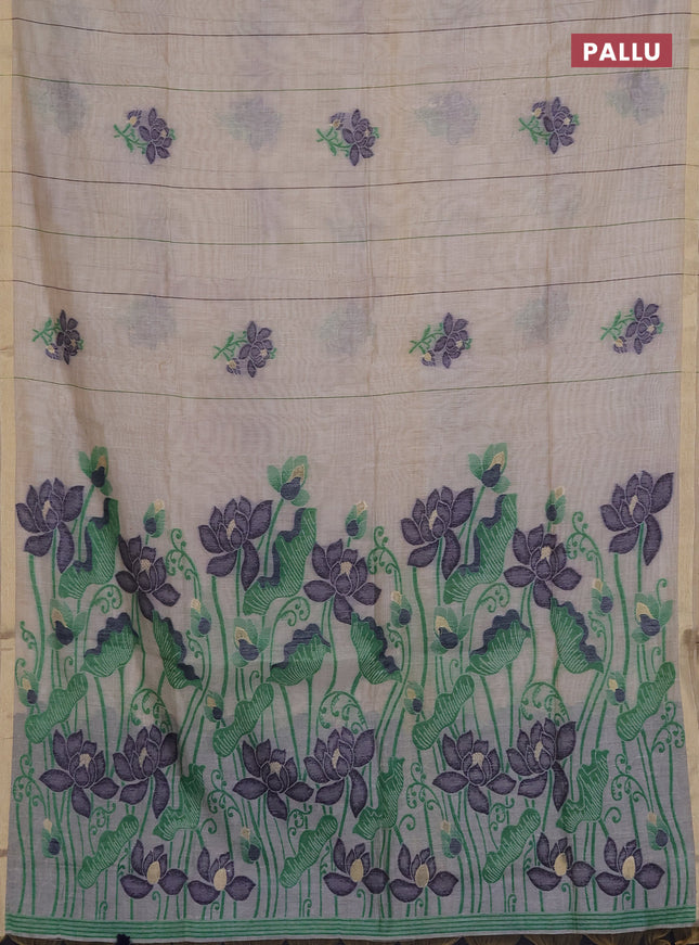 Munga cotton saree beige and navy blue with thread woven floral buttas and floral design weaving pallu