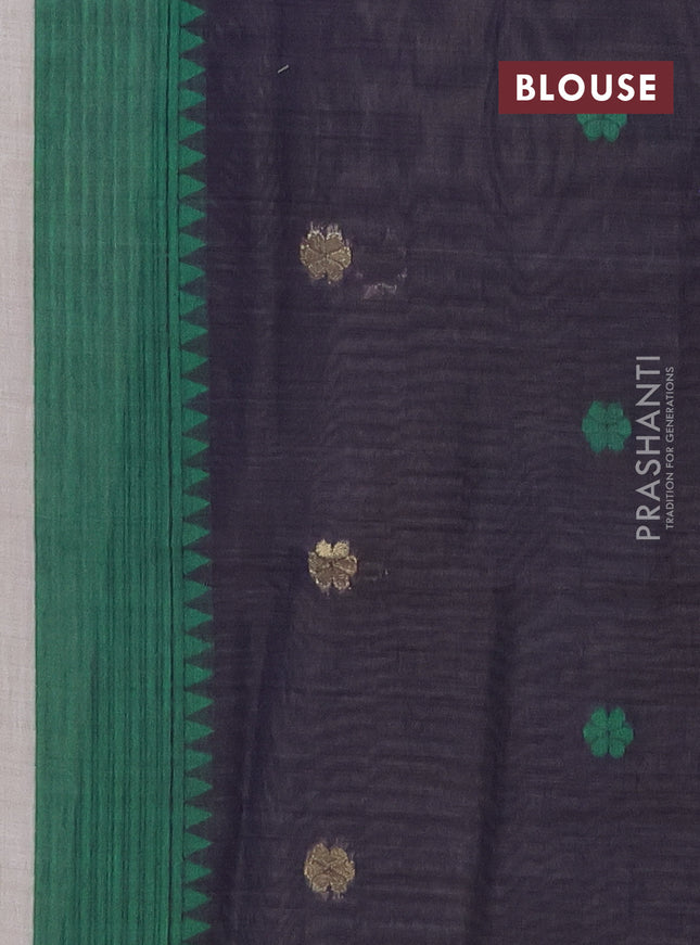 Munga cotton saree beige and navy blue with thread woven floral buttas and floral design weaving pallu