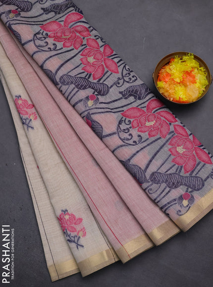 Munga cotton saree beige and maroon with thread woven floral buttas and floral design weaving pallu
