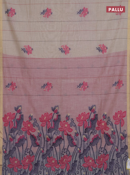 Munga cotton saree beige and maroon with thread woven floral buttas and floral design weaving pallu