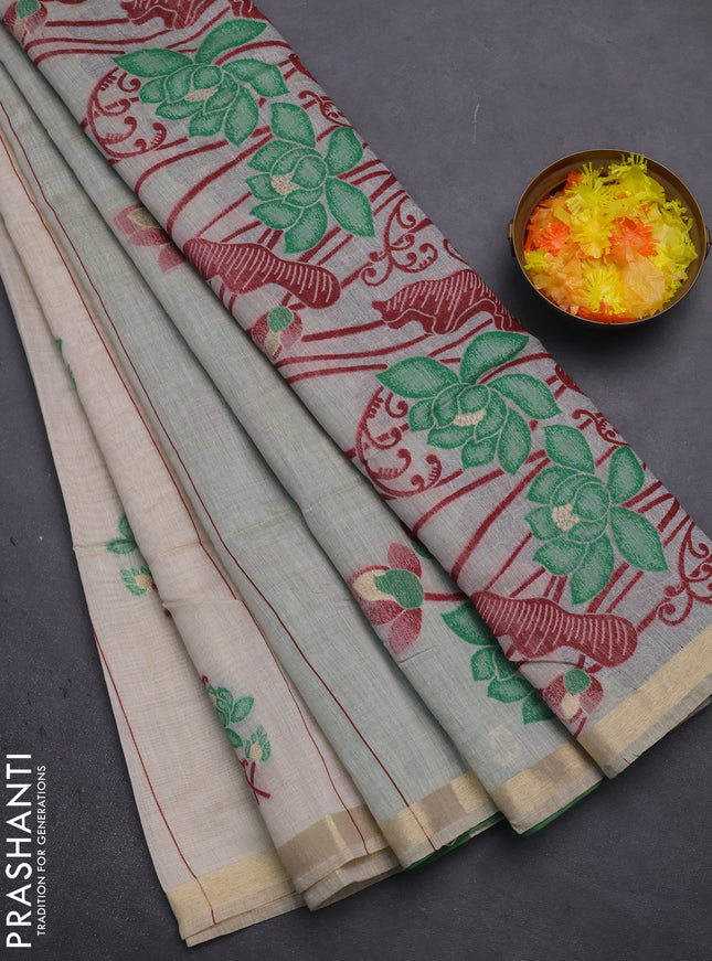 Munga cotton saree beige and green with thread woven floral buttas and floral design weaving pallu