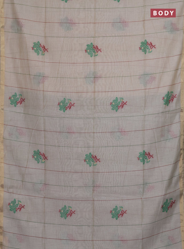 Munga cotton saree beige and green with thread woven floral buttas and floral design weaving pallu