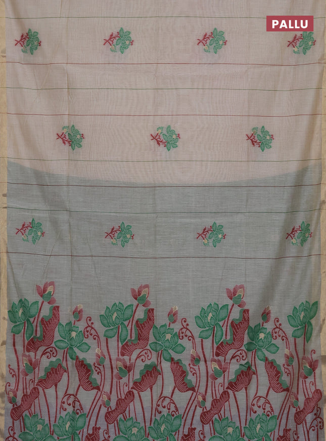 Munga cotton saree beige and green with thread woven floral buttas and floral design weaving pallu