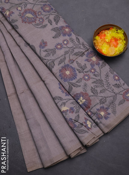 Munga cotton saree grey and blue with thread woven floral buttas and floral design weaving pallu