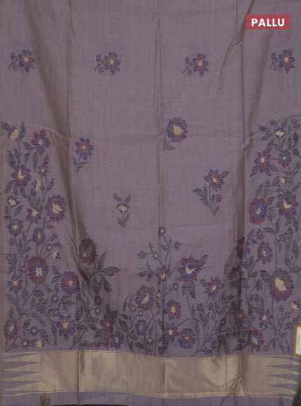 Munga cotton saree grey and blue with thread woven floral buttas and floral design weaving pallu