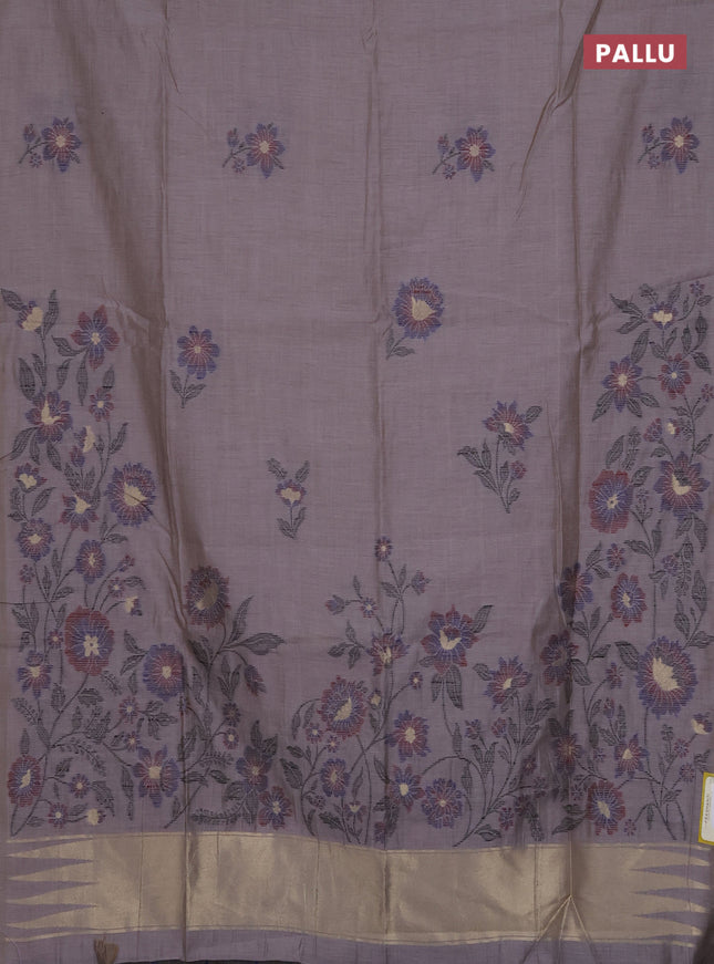 Munga cotton saree grey and blue with thread woven floral buttas and floral design weaving pallu